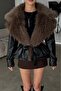 Fur Collar Belt Detail Short Leather Jacket - 6