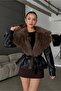 Fur Collar Belt Detail Short Leather Jacket - 4