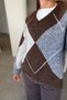 V-Neck Baklava Patterned Oversize Knit Sweater - Brown - 2