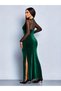 Women's Long Sleeve Geometric Collar Tulle Detailed Slit Velvet Long Evening Dress |   Wedding Invitation Special Day - 4