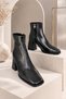 Mila Women's Black Patent Leather Blunt Toe Zippered Thick Heeled Daily Stylish Boots - 6