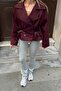 Burgundy Raglan Sleeve Double-Breasted Closure Elastic Waist Detail Women's Lined Short Trench Coat - 4