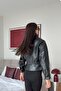 Black Collar Belt Detailed Leather Jacket - 8680 - 3
