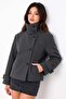 Anthracite High Collar Asymmetrical Buttoned Short Cashmere Coat - 2