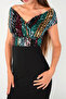 Evening Dress with Sequined Top and Crepe Bottom - Black - 4