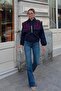 Navy Blue Navy Collar Striped Women's Crop Coat with Elastic Waist - 3