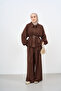 Women's Pleated Detail Hidden Zipper Shirt Collar Set Brown - 2