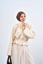 Women's Stand Collar Adjustable Waist Striped Jacket Cream - 2