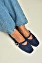 Y726632602 Navy Blue Suede Heart Buckle Detailed Women's Ballerinas - 3