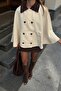 Beige Velvet Collared Double-Breasted Women's Poncho Trench Coat - 4