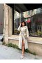 Imported Cashmere Fabric Belt Included Accessory Detail Glitter Lined Design Coat - 5