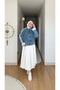 Women's Oversize Striped Detail Double Pocket Chinese Button Closure Detail Hakim Collar Denim Jacket - 5