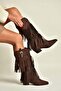 Z726107102 Brown Suede Thick Heeled Tasseled Women's Boots