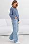 Women's Navy Blue White Striped Crew Neck Oversize Sweatshirt - 6