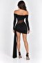 Full Lycra Modal & Tulle Fabric Madonna Collar Draped Asymmetrical Mini Dress - 5