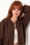 Brown Zippered Crew Neck Lined Bomber Cashmere Coat - 4