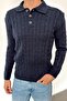 Men's Polo Collar Buttoned Hair Knit Pattern Knitwear Sweater Navy Blue - 26501 - 2
