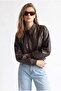 Bomber Coated Pilot Zippered Double Pocket Ribbed Bitter Brown Leather Jacket - 4