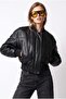 Bomber Coated Pilot Zippered Double Pocket Ribbed Black Leather Jacket - 7