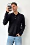 Men's Polo Collar Buttoned Bearded Knitwear Sweater Black - 2679 - 3