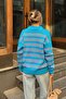 Blue Double Striped Polo Collar Buttoned Low Sleeve Women's Knitwear Sweater - 5