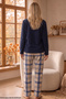 Navy Blue Embroidered Top and Bottom Fleece Winter Knitted Pajama Set 26222124 - 3