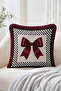 Burgundy Ribbon and Black-White Checkered Patterned Fringed-Tasseled Throw Pillow Cover - 2