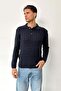 Men's Polo Collar Buttoned Hair Knit Pattern Knitwear Sweater Navy Blue - 26501