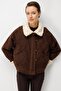 Women's Plush Detailed Suede Coat with Belted Collar, Brown - 4