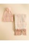 Women Pale Pink And Cream Scarf & Beanie Set