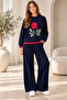 Girl's Knitwear Set with Rose Pattern, 50% Cotton, 50% Acrylic, Knitted Sweater, Wide-Legged Pants Set - 3