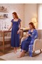 New Season Navy Blue Patterned Buttoned Special Design Lace Detailed Wide Strap 100% Cotton Maternity Nightgown Set - 4