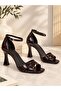 Brown Patent Leather Cross Strap Heeled Shoes - 2
