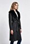 Women's Suede Textured Wide Fur Collar Belted Midi Length Coat - 3