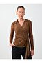 Oil Green Double-Breasted Collar Waist Detailed Patterned Mesh Blouse