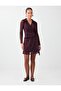 Burgundy Double-Breasted Collar Waist Detailed Patterned Mesh Dress