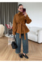 Tan Suede Jacket with Stand Collar and Belt - 4269