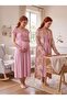 New Season Powder Patterned Buttoned Special Design Lace Detailed Wide Strap 100% Cotton Maternity Nightgown Set - 2