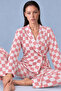 Women's Double Breasted Collared Checkered Belted Waist Pink Pajama Set 4785 - 2