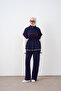 Women's Stripe Detail Double Pocket Look Waist Tie Suit Navy Blue