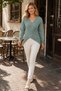 Women's Long Sleeve Off Shoulder Double Breasted Collar Hair Braided Execution Patterned Cross Front Design Mint Knitwear Sweater - 2