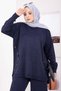 Button Detailed Glittery Knitwear Set Navy Blue - 3