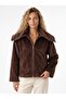 Brown Faux Fur Textured Wide Collar Practical Cut Side Pockets Metal Zipper Coat - 2