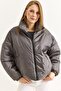 Anthracite Woven Fabric Stand Collar Relaxed Fit Inflatable Short Coat with Zipper Pockets - 2