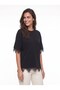Black Soft Textured Crew Neck Oversized T-Shirt with Lace Detail on Sleeves and Hem - 4