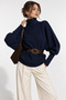 Navy Blue Knitwear Turtleneck Bat Sleeve Asymmetrical Cut Knitted Sweater with Belt Accessory - 3
