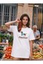 White Cotton Crew Neck Oversize T-Shirt with Embroidery and Beading Figure Detail