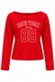 Red Viscose Blend Stretchable Boat Neck Long Sleeve New York Printed Knitted T-Shirt