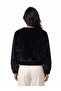 Black Faux Fur Textured Crew Neck Zippered Lined Rubber Detailed Comfortable Cut Coat - 3
