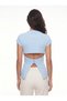 Baby Blue Cotton Viscose Blended Crew Neck Short Sleeve Corset Blouse with Metal Clasp on the Back - 2